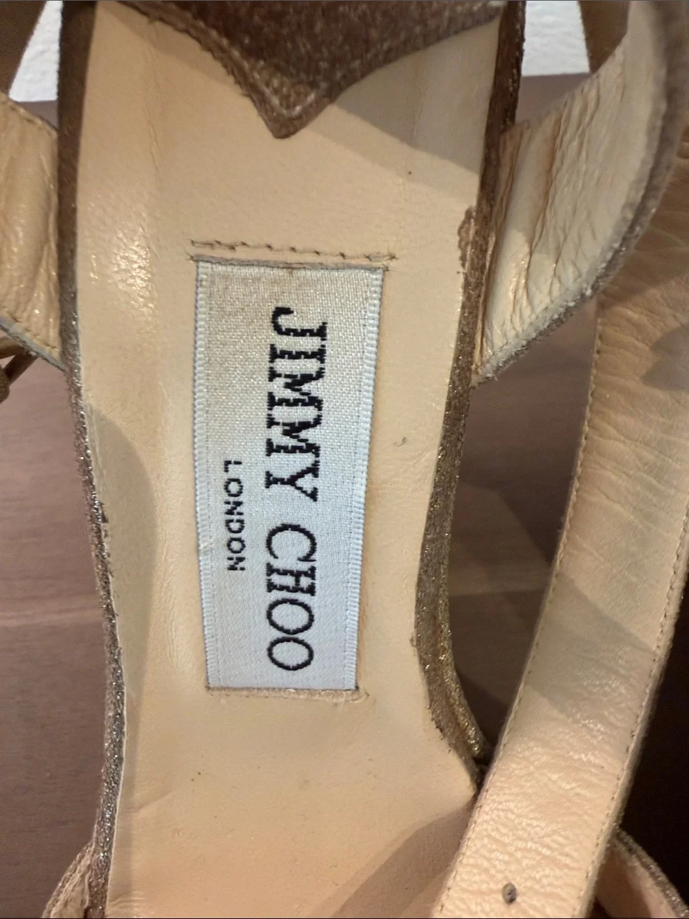 Jimmy Choo Gold Heeled Sandals with Aqua Crystal Accents VINTAGE